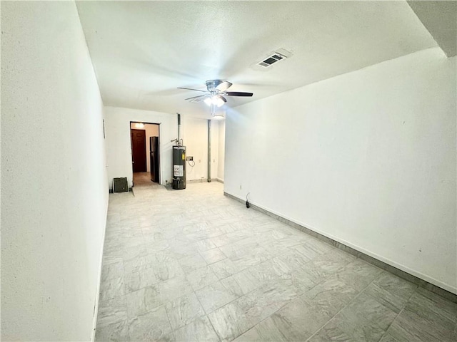 empty room featuring ceiling fan and water heater