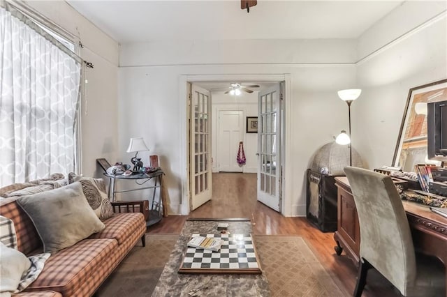 2226 Saint Bernard Ave, New Orleans, LA 70119 - home office featuring wood finished floors, a ceiling fan, and french doors
