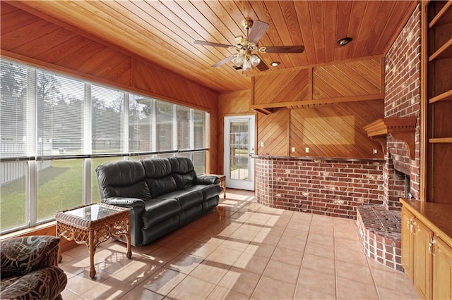 sunroom featuring wooden ceiling and ceiling fan