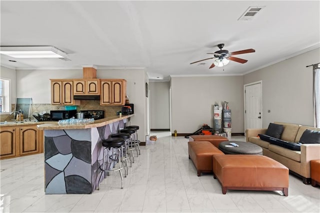 living room with crown molding, sink, and ceiling fan