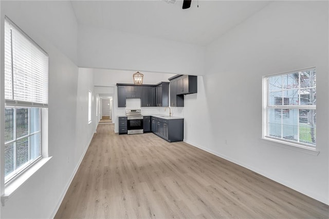 kitchen with electric stove, sink, tasteful backsplash, and a healthy amount of sunlight