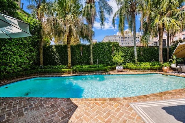 view of swimming pool with pool water feature