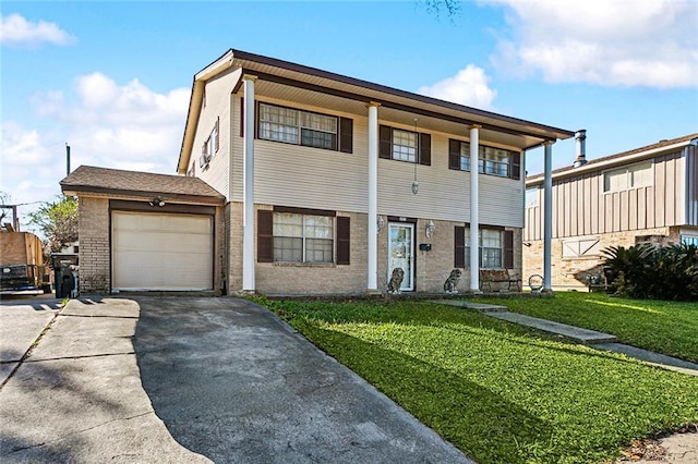 2027 Comet St, New Orleans, LA 70131 - view of property with concrete driveway, a front yard, an attached garage, and brick siding