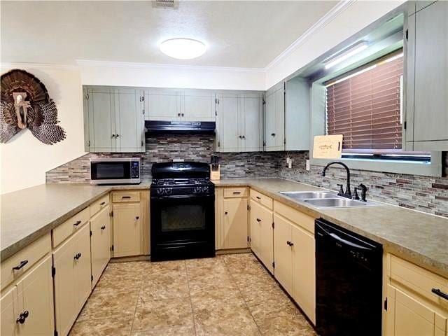 kitchen featuring crown molding, ventilation hood, black appliances, and sink