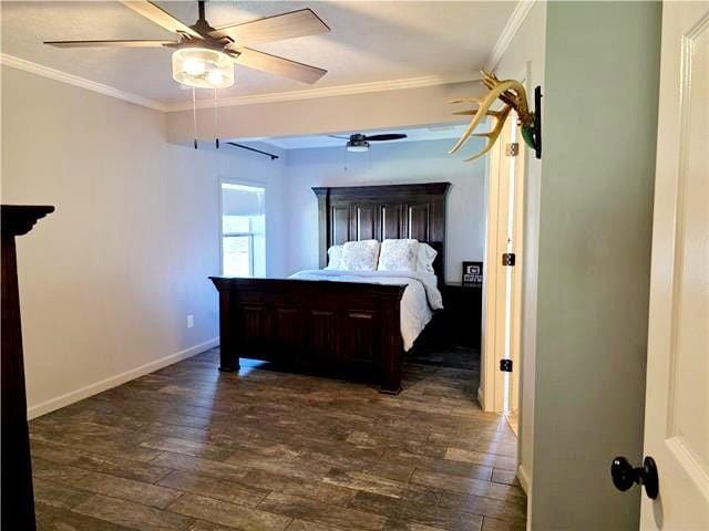 bedroom with ceiling fan, crown molding, and dark hardwood / wood-style floors