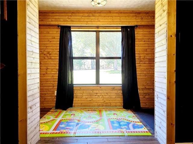 recreation room with wooden walls