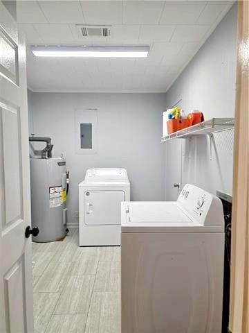 laundry room featuring electric panel, electric water heater, and washer and clothes dryer