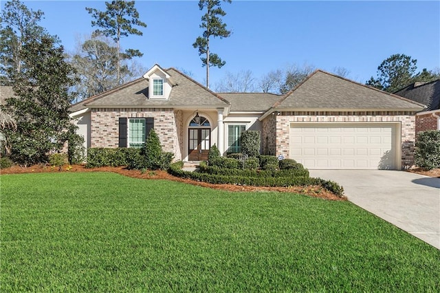 view of front of property featuring a front yard and a garage