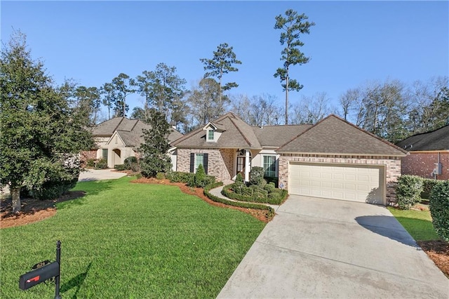 view of front of property with a front yard and a garage