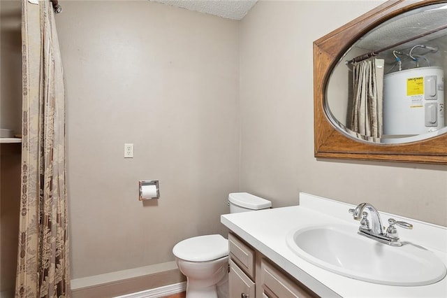 bathroom with electric water heater, baseboards, toilet, vanity, and a textured ceiling