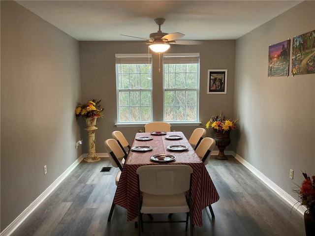 57428 Mainegra Rd, Slidell, LA 70460 - dining area featuring baseboards, ceiling fan, wood finished floors, and visible vents