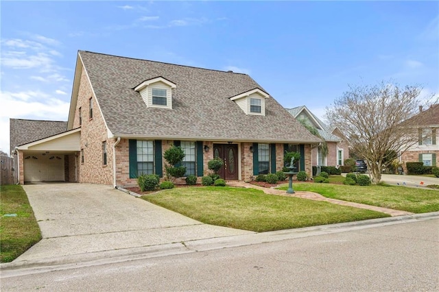 cape cod home with driveway, a front lawn, a shingled roof, and brick siding