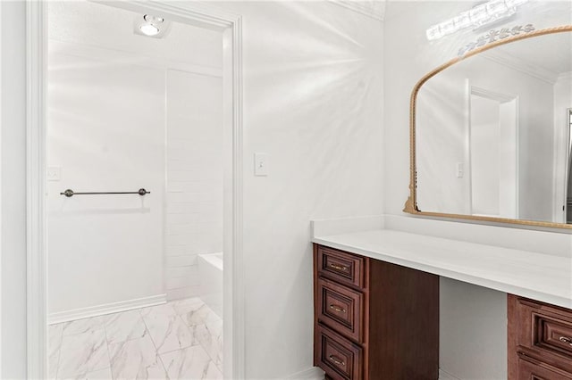 full bathroom with vanity, baseboards, marble finish floor, and ornamental molding