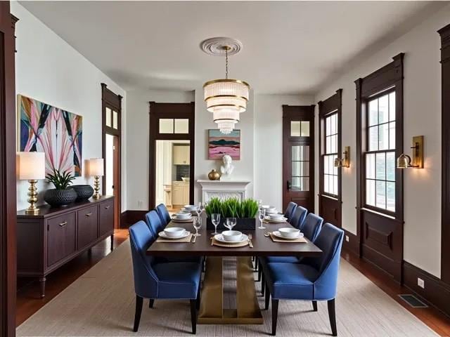 1608 Governor Nicholls St, New Orleans, LA 70116 - dining area with baseboards, a notable chandelier, light wood-type flooring, and visible vents