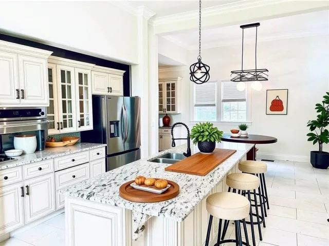 1608 Governor Nicholls St, New Orleans, LA 70116 - kitchen featuring a breakfast bar, light stone counters, glass insert cabinets, stainless steel appliances, and a sink