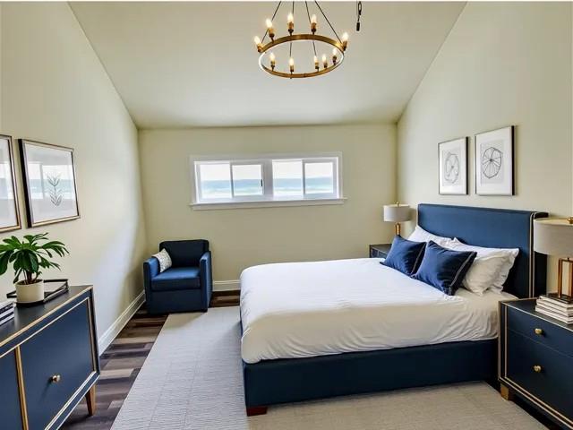 1608 Governor Nicholls St, New Orleans, LA 70116 - bedroom featuring baseboards, wood finished floors, a notable chandelier, and vaulted ceiling