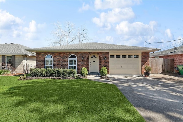 ranch-style house featuring a front lawn and a garage