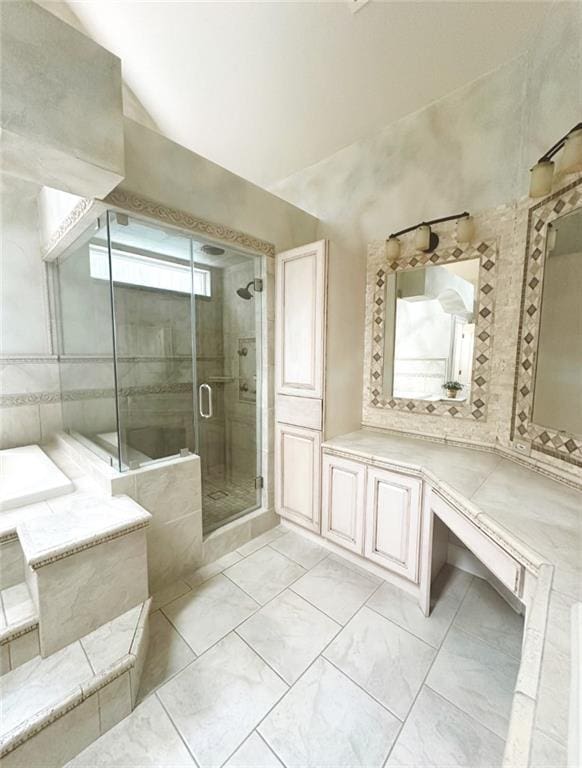 bathroom with vanity and an enclosed shower