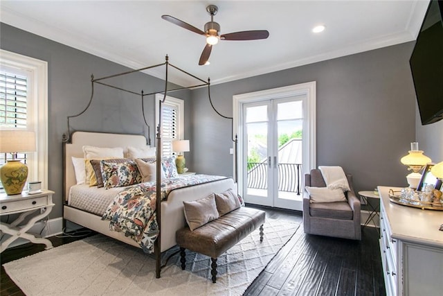 501 Emerald St, New Orleans, LA 70124 - bedroom with crown molding, wood finished floors, ceiling fan, access to outside, and recessed lighting