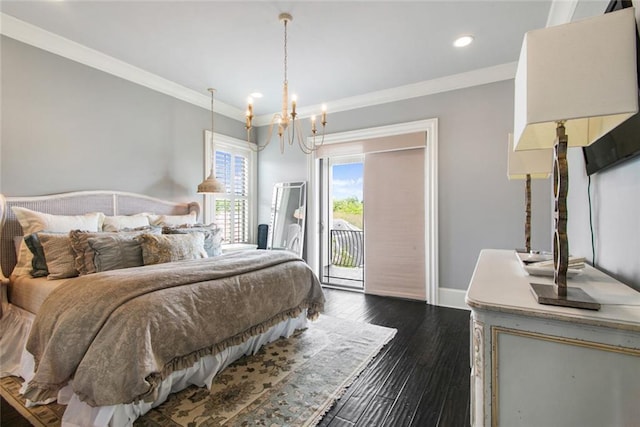 501 Emerald St, New Orleans, LA 70124 - bedroom featuring an inviting chandelier, access to exterior, baseboards, dark wood-style floors, and recessed lighting
