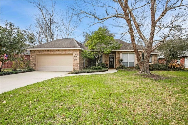 ranch-style house featuring a front yard and a garage