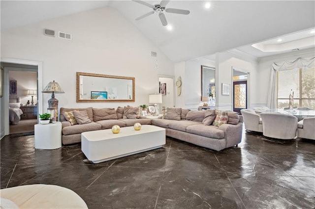 2021 W Ridge Dr, Mandeville, LA 70448 - living room featuring marble tiled floors, recessed lighting, high vaulted ceiling, ceiling fan, and a wainscoted wall