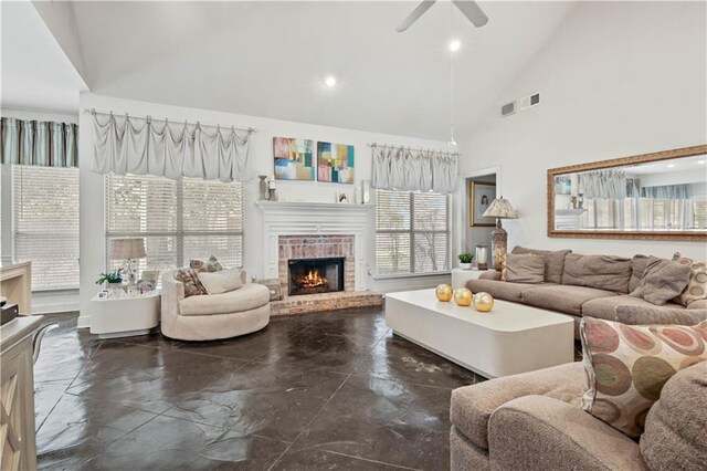 2021 W Ridge Dr, Mandeville, LA 70448 - living room with ceiling fan, a brick fireplace, high vaulted ceiling, and recessed lighting