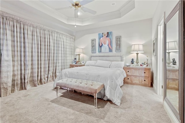 2021 W Ridge Dr, Mandeville, LA 70448 - bedroom featuring light colored carpet, crown molding, a raised ceiling, a ceiling fan, and recessed lighting