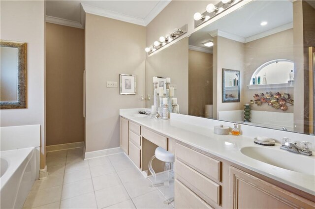 2021 W Ridge Dr, Mandeville, LA 70448 - full bath with double vanity, a bath, ornamental molding, tile patterned floors, and baseboards