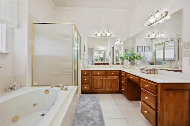 bathroom with crown molding, independent shower and bath, tile patterned flooring, and vanity