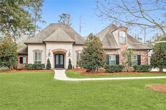 french country style house with french doors and a front lawn