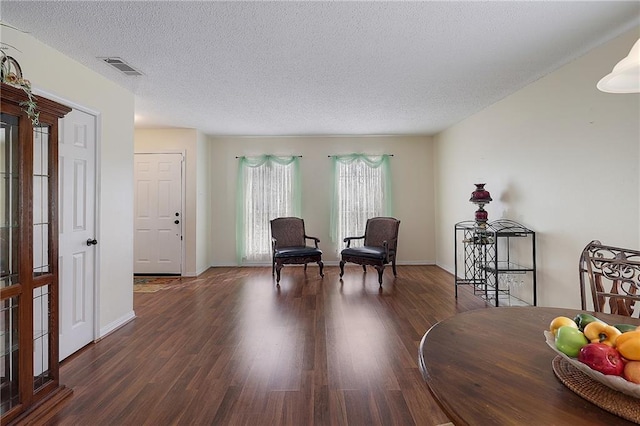 living area featuring a textured ceiling and dark hardwood / wood-style floors