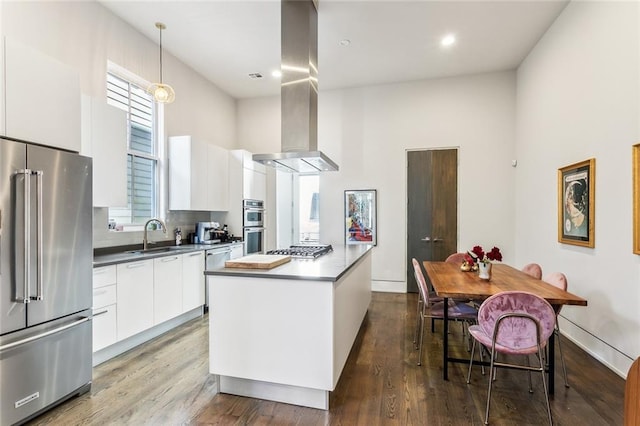 kitchen featuring hardwood / wood-style flooring, hanging light fixtures, sink, appliances with stainless steel finishes, and white cabinets