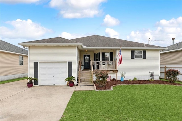 ranch-style house featuring a front lawn, covered porch, concrete driveway, and an attached garage