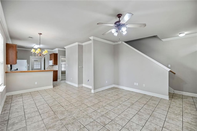 10600 Lakes Blvd Unit 901, Baton Rouge, LA 70810 - unfurnished living room with light tile patterned flooring, crown molding, ceiling fan, baseboards, and a chandelier