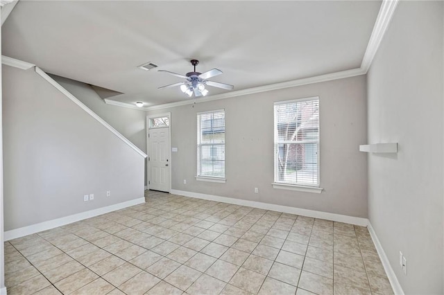 10600 Lakes Blvd Unit 901, Baton Rouge, LA 70810 - unfurnished living room with ornamental molding, a ceiling fan, stairway, baseboards, and light tile patterned floors
