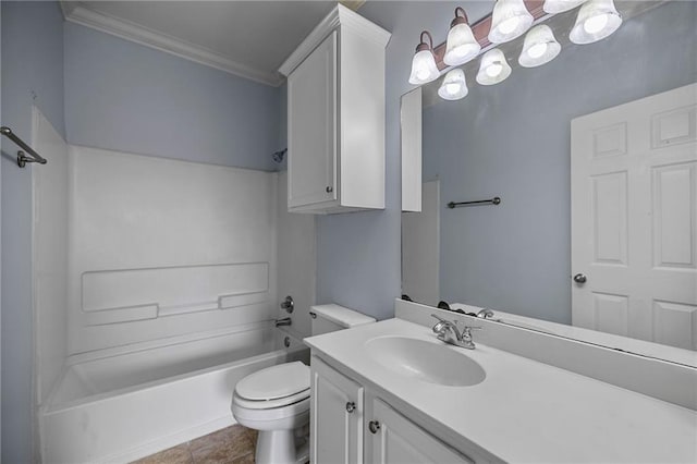 full bathroom with tile patterned flooring, toilet, bathtub / shower combination, ornamental molding, and vanity