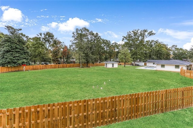 view of yard featuring a storage unit