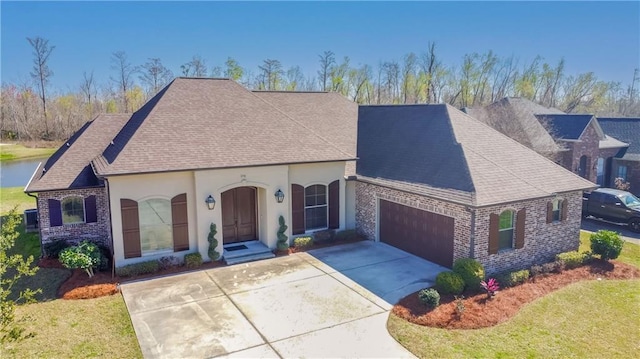 view of front of property with a front lawn and a garage