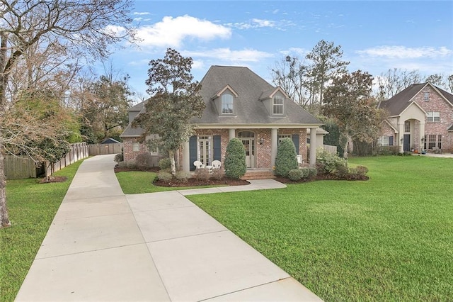 view of front of property featuring covered porch and a front yard