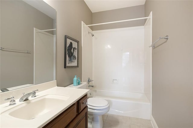 full bathroom with shower / bathtub combination, vanity, toilet, and tile patterned floors