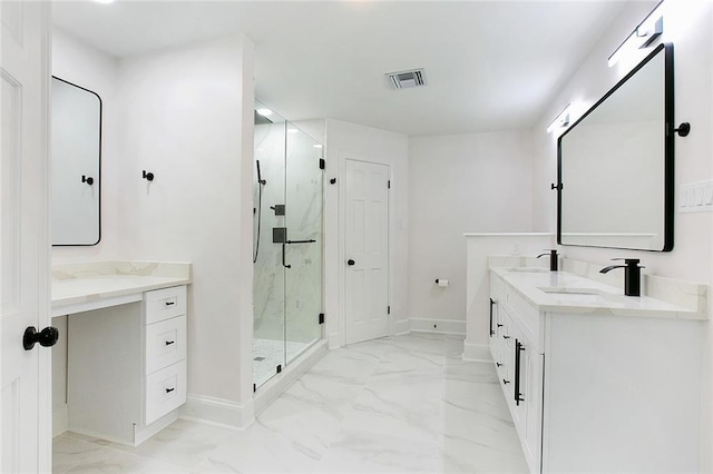 full bath featuring marble finish floor, vanity, a marble finish shower, and visible vents