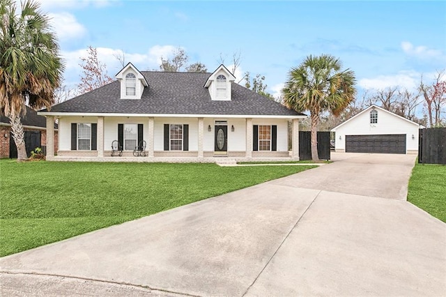 view of front of property with an outbuilding, a garage, a front lawn, and a porch