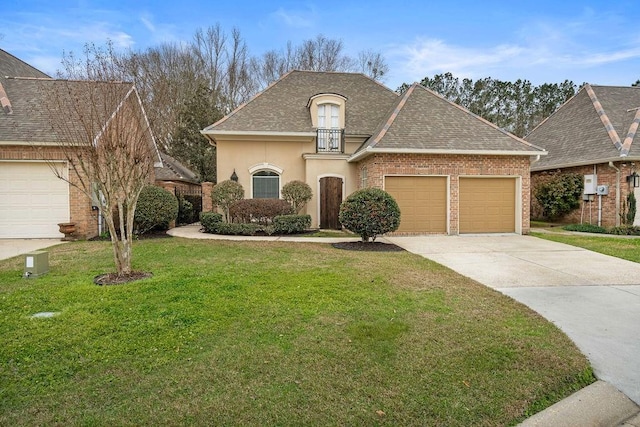 french country home featuring a shingled roof, driveway, a front lawn, stucco siding, and an attached garage