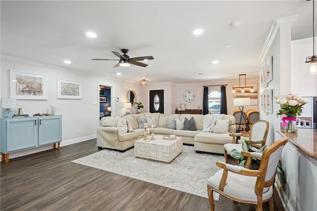 living area with baseboards, a ceiling fan, ornamental molding, dark wood-style floors, and recessed lighting