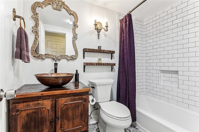 full bathroom with vanity, shower / bath combination with curtain, and toilet