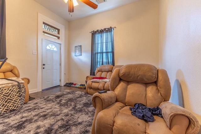 226062 N Roman St, New Orleans, LA 70117 - living area with baseboards, a ceiling fan, wood finished floors, and visible vents