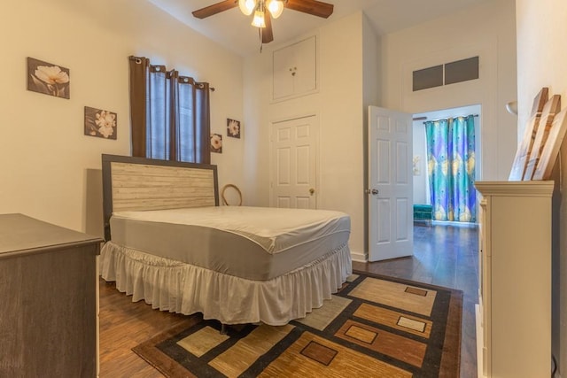 226062 N Roman St, New Orleans, LA 70117 - bedroom featuring dark wood finished floors, high vaulted ceiling, and ceiling fan