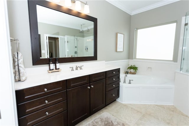 full bathroom featuring vanity, a shower stall, a bath, tile patterned floors, and crown molding