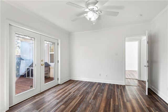 empty room featuring ceiling fan, dark wood-type flooring, baseboards, french doors, and crown molding
